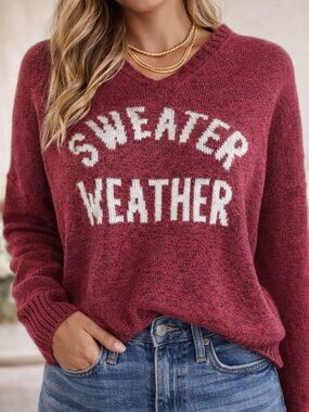 Marled Reunited Burgundy “Sweater Weather” Knit Sweater Size L Pullover